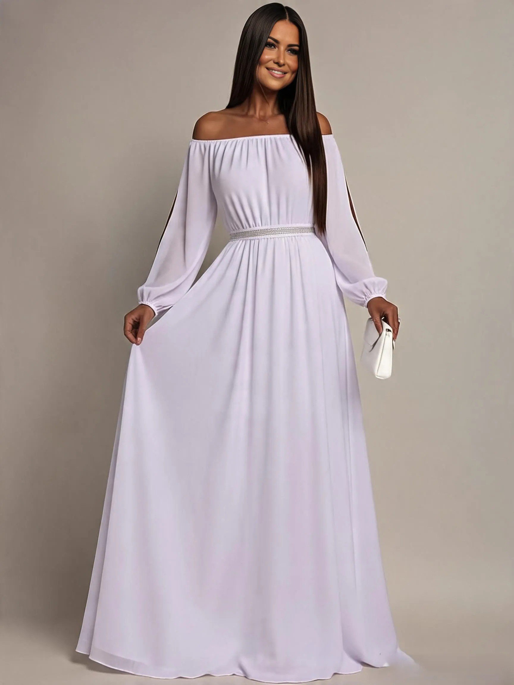 Rochie cununie civila lunga, voal, alba,  cu maneca lunga si umerii goi, Afrodita